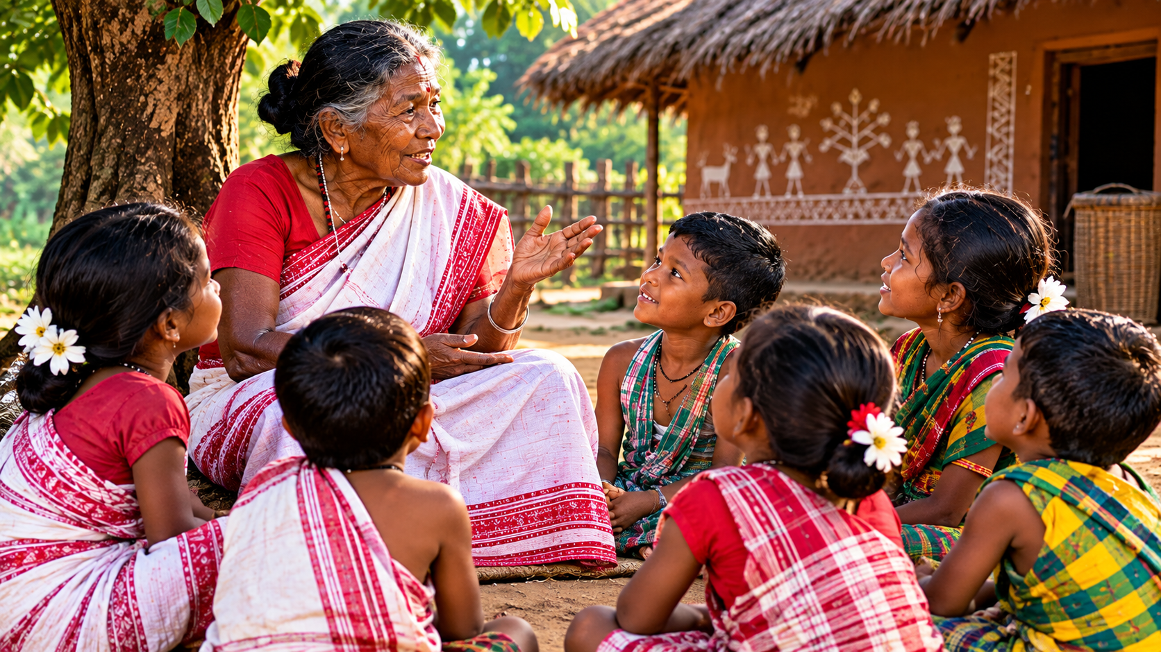 A Santali grandmother sits with children in a circle, sharing traditional kudum stories in a village setting